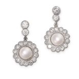 A PAIR OF PEARL AND DIAMOND EARRINGS each set with a pearl of 5.0mm, within a border of round cut