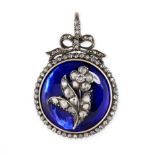 AN ANTIQUE DIAMOND AND BLUE GLASS PENDANT, 19TH CENTURY in gold and silver, the circular body with a