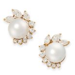 A PAIR OF PEARL AND DIAMOND CLIP EARRINGS in 18ct yellow gold, each set with a pearl measuring