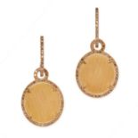 A PAIR OF DIAMOND DROP EARRINGS in 18ct yellow gold, each set with a row of round cut fancy coloured