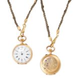 A PENDANT WATCH AND CHAIN, EARLY 20TH CENTURY the watch with a white enamel dial applied with