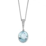 AN AQUAMARINE AND DIAMOND PENDANT AND CHAIN set with an oval mixed cut aquamarine weighing 10.00