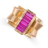 A RETRO SYNTHETIC RUBY COCKTAIL RING, CIRCA 1945 in 18ct yellow gold, set with a row of baguette cut