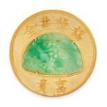 A CHINESE CARVED JADEITE BROOCH in high carat yellow gold, of circular design, set to the centre