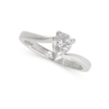 A DIAMOND RING in platinum, set with a pear shaped diamond weighing 0.59 carats on a twisted