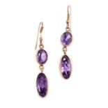 A PAIR OF AMETHYST DROP EARRINGS each set with two graduated oval cut amethysts, no assay marks, 4.