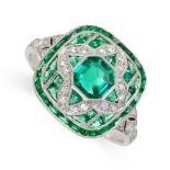 AN EMERALD AND DIAMOND DRESS RING set with an step cut emerald accented by calibré-cut emeralds