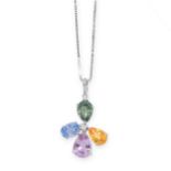 A FANCY COLOURED SAPPHIRE AND DIAMOND PENDANT AND CHAIN in 18ct white gold, the pendant designed