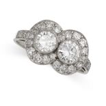 A DIAMOND DRESS RING set with two round cut diamonds weighing 0.42 and 0.41 carats, within
