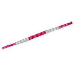 A SYNTHETIC RUBY AND DIAMOND BAR BROOCH in 18ct yellow gold, the tapering bar set with step cut