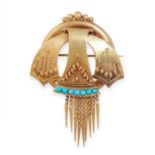 AN ANTIQUE TURQUOISE BROOCH, 19TH CENTURY in yellow gold, in the Etruscan revival manner, the