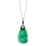 AN ART DECO JADEITE JADE, ONYX AND DIAMOND PENDANT AND CHAIN in platinum, the pendant formed of a