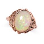 AN OPAL DRESS RING in yellow gold, set with an oval cabochon opal weighing 3.05 carats, no assay