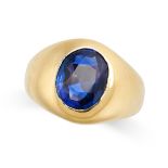 A BURMA NO HEAT SAPPHIRE GYPSY RING the tapering band set with a cushion cut blue sapphire