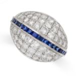 A VINTAGE DIAMOND AND SAPPHIRE COCKTAIL RING in 18ct white gold, of bombe design, set with a central