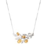 A CITRINE NECKLACE in silver, comprising a pendant of foliate design, set with four oval cut