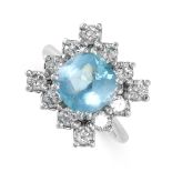 AN AQUAMARINE AND DIAMOND RING in 18ct white gold, set with a cushion shaped aquamarine weighing 1.