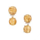 A PAIR OF RUTILATED QUARTZ AND DIAMOND EARRINGS of drop design, each set with a pair of rutilated