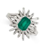 AN EMERALD AND DIAMOND RING set with a step cut emerald weighing 1.12 carats, in a ballerina style