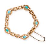 AN ANTIQUE TURQUOISE BRACELET, CIRCA 1900 in 15ct yellow gold, set with five oval turquoise cabochon