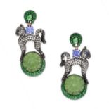 WENDY YUE, A PAIR OF GEM SET AND DIAMOND EARRINGS each modelled as a cat atop a circular pendant,