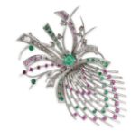A VINTAGE RUBY, EMERALD AND DIAMOND BROOCH, 1960S designed as an abstract bouquet, set with rose,