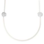 A PEARL AND DIAMOND NECKLACE comprising a single row of pearls, set with two rose motifs accented by