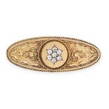 AN ANTIQUE VICTORIAN DIAMOND BROOCH, 1887 in 15ct yellow gold, the oval body set with a central
