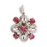 A RED SPINEL PENDANT the twisted ribbon motif set with round cut white gemstones and accented by