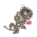 AN ANTIQUE BURMA NO HEAT RUBY, NATURAL PEARL AND DIAMOND BROOCH in yellow gold and silver,