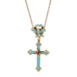 AN ANTIQUE RUBY, DIAMOND AND ENAMEL CROSS PENDANT AND CHAIN the cross with turquoise blue enamel,