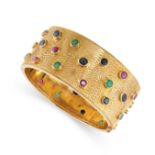 A GEM SET BANGLE the hinged cuff of textured design collet set with round cut rubies and emeralds