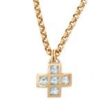 A BLUE TOPAZ PENDANT AND CHAIN the pendant designed as a cross set with five princess cut