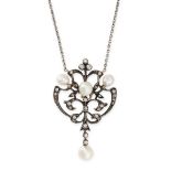 AN ANTIQUE PEARL AND DIAMOND PENDANT NECKLACE of open work design, set with a trio of pearls