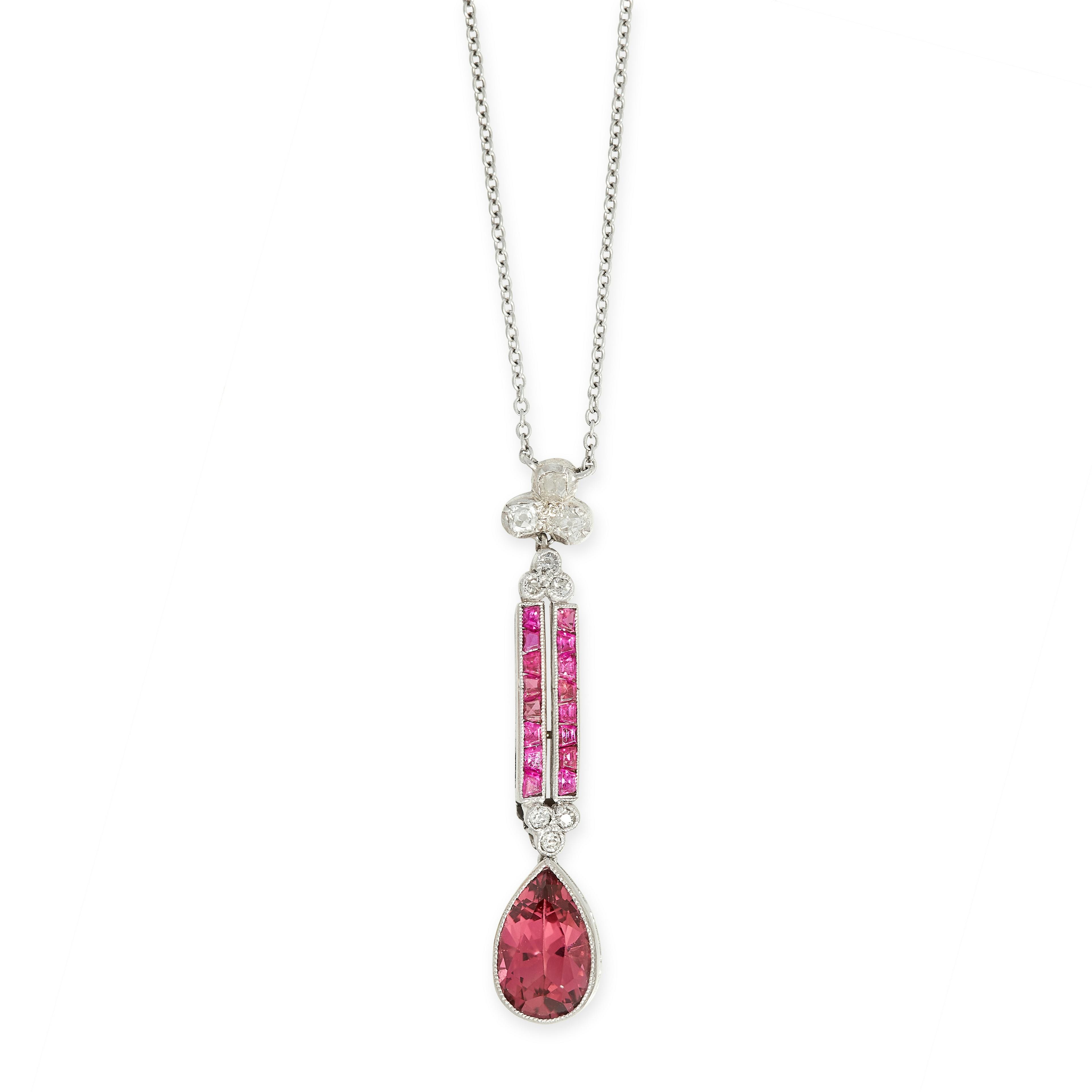 A PINK TOURMALINE, RUBY AND DIAMOND PENDANT NECKLACE composed of a double row of calibre cut