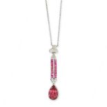 A PINK TOURMALINE, RUBY AND DIAMOND PENDANT NECKLACE composed of a double row of calibre cut