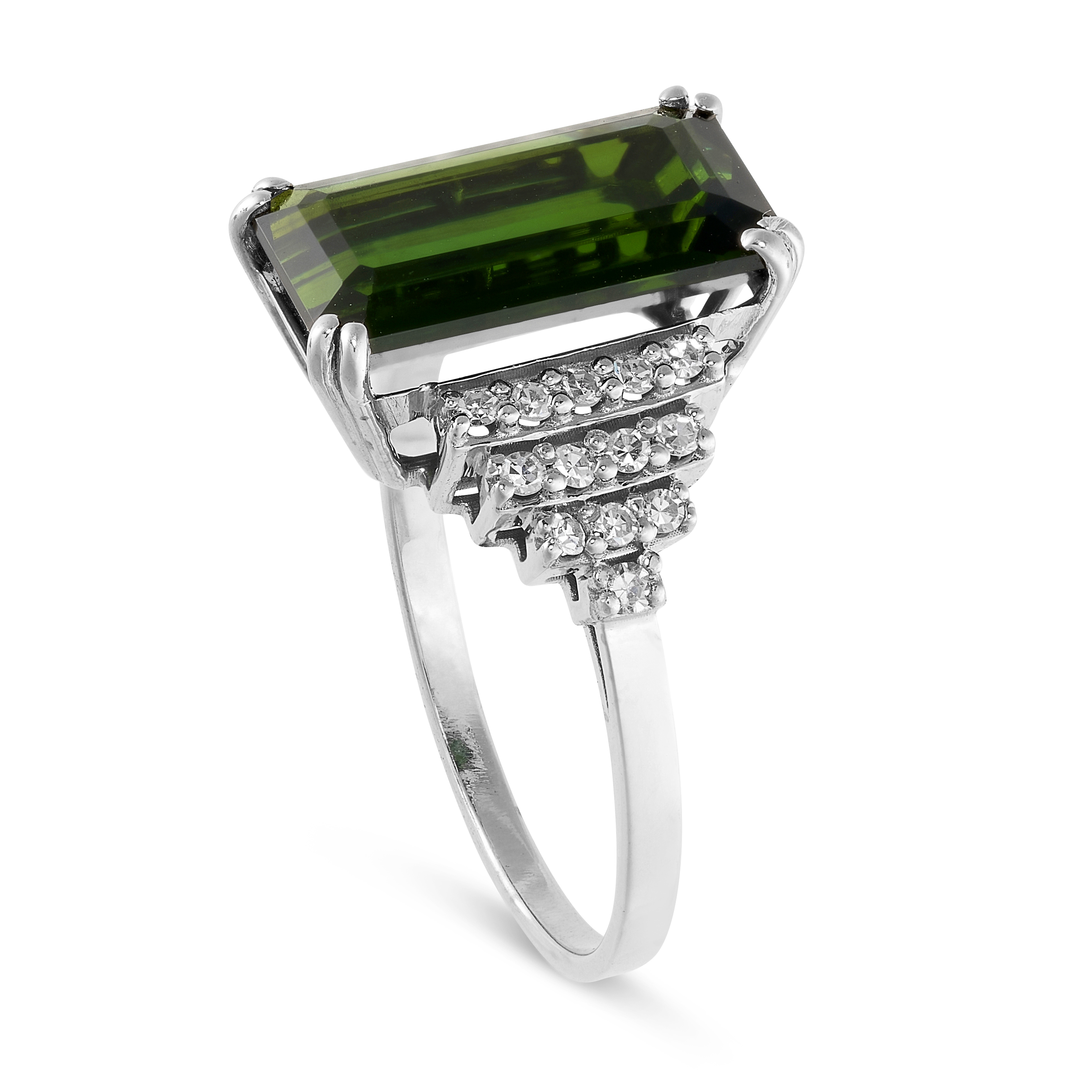 A GREEN TOURMALINE AND DIAMOND RING set with a step cut green tourmaline weighing 4.66 carats, - Image 2 of 2