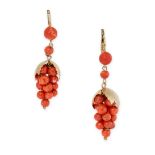 A PAIR OF CORAL EARRINGS each designed as a bunch of grapes, set with coral beads, no assay marks,
