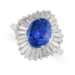 A CEYLON NO HEAT SAPPHIRE AND DIAMOND RING set with a cushion cut blue sapphire weighing 5.05