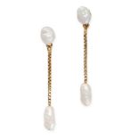 A PAIR OF PEARL DROP EARRINGS each set with two baroque pearls connected by links of chain, the