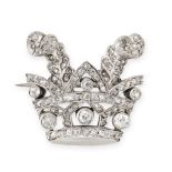 AN ANTIQUE DIAMOND CORONET BROOCH in silver, designed as a crown surmounted by two feathers, set