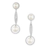 A PAIR OF CULTURED PEARL AND DIAMOND EARRINGS each composed of a cultured pearl surmount