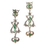 A PAIR OF EMERALD EARRINGS each of pendent design, collet set with step cut emeralds bordered by