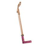 AN ANTIQUE RUBY AND DIAMOND RIDING CROP BROOCH in yellow gold, set with round cut rubies and rose