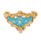 AN ANTIQUE TURQUOISE AND PEARL BROOCH, 19TH CENTURY in yellow gold and silver, the stylised body set