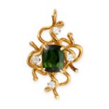 A VINTAGE TOURMALINE AND DIAMOND PENDANT, 1976 in 18ct yellow gold, of naturalistic design, set with