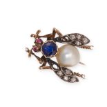 AN ANTIQUE DIAMOND, SAPPHIRE AND PEARL INSECT BROOCH in yellow gold and silver, designed as an