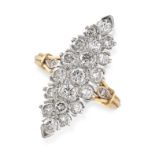 A DIAMOND RING of navette shaped outline, pave set with round cut diamonds, the shoulders accented