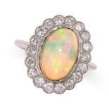 AN OPAL AND DIAMOND DRESS RING set with an oval cabochon opal weighing 3.30 carats, within a