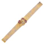 A VINTAGE LADIES RUBY AND DIAMOND WATCH BRACELET in 18ct yellow gold and white gold, the textured